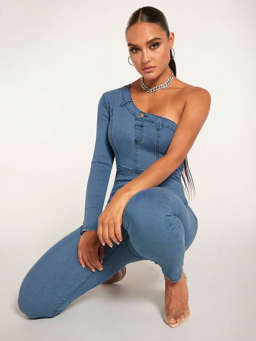 SHEIN BAE One Shoulder Denim Jumpsuit - Medium Wash - View 1