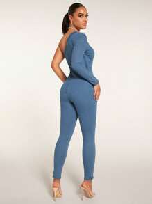 SHEIN BAE One Shoulder Denim Jumpsuit - Medium Wash - View 2