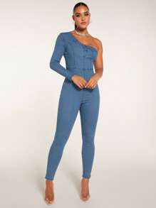 SHEIN BAE One Shoulder Denim Jumpsuit - Medium Wash - View 3