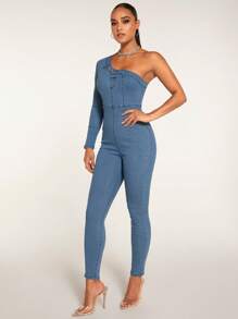 SHEIN BAE One Shoulder Denim Jumpsuit - Medium Wash - View 4