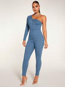 SHEIN BAE One Shoulder Denim Jumpsuit - Medium Wash - View 6