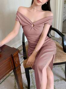 DAZY Đầm ôm body trễ vai nhún bèo thanh lịch Đầm dạ hội Đầm suông Đầm cưới cho nữ - Bụi hồng - Xem 2