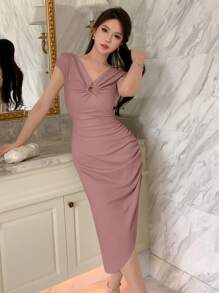 DAZY Đầm ôm body trễ vai nhún bèo thanh lịch Đầm dạ hội Đầm suông Đầm cưới cho nữ - Bụi hồng - Xem 3