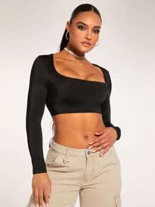 Silquee Square Neck Crop Top - Black - View 4