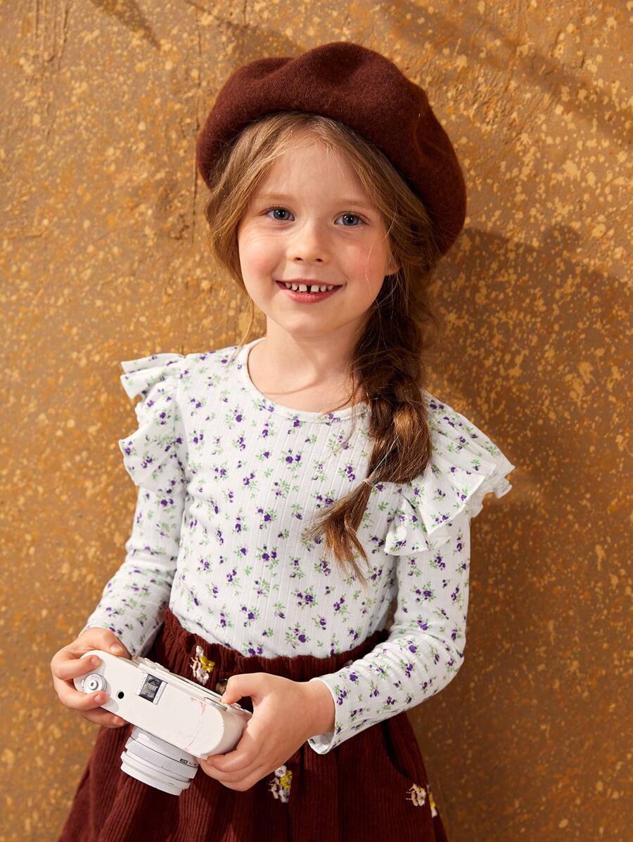 SHEIN Young Girl Ditsy Floral Print Ruffle Trim Tee - Multicolor - View 1