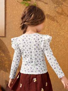 SHEIN Young Girl Ditsy Floral Print Ruffle Trim Tee - Multicolor - View 2