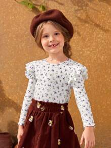 SHEIN Young Girl Ditsy Floral Print Ruffle Trim Tee - Multicolor - View 3