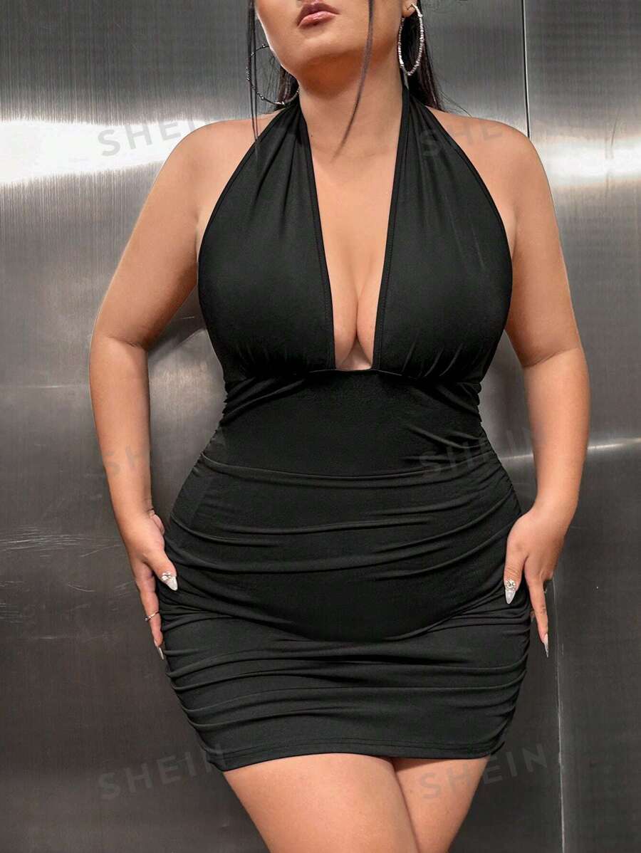 SHEIN SXY Plus rochie cu gât adâncit fără spate - Negru - Vizualizare 1