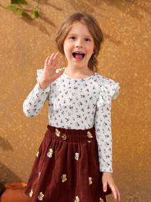 SHEIN Young Girl Ditsy Floral Print Ruffle Trim Tee - Multicolor - View 6