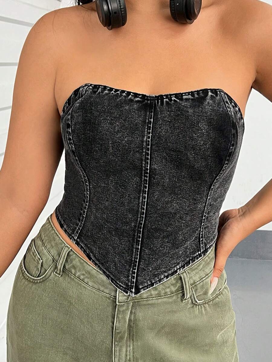 SHEIN EZwear Hơn Viền khăn tay Denim Ống ngọn - màu đen - Xem 1