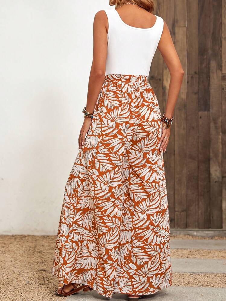 SHEIN LUNE Tropical Print Belted Wide Leg Jumpsuit - Red - View 2