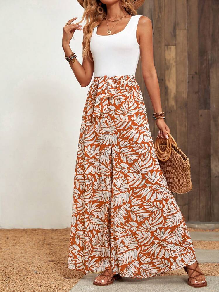 SHEIN LUNE Tropical Print Belted Wide Leg Jumpsuit - Red - View 1