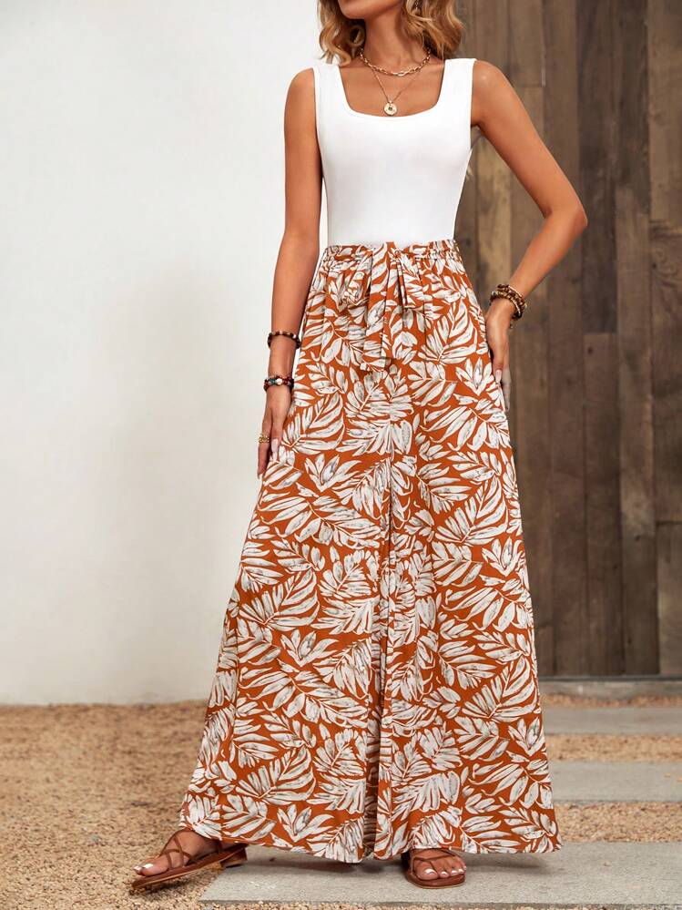 SHEIN LUNE Tropical Print Belted Wide Leg Jumpsuit - Red - View 6