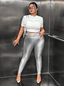 SHEIN SXY Hơn Eo dây rút Cạp da PU - Bạc - Xem 5