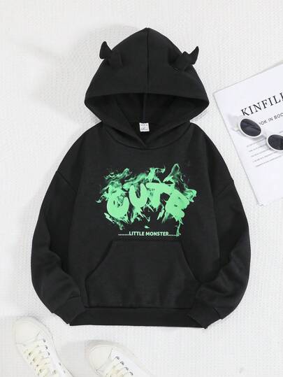 SHEIN Tween Girl Letter Graphic 3D Ear Design Kangaroo Pocket Hoodie