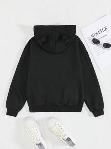 SHEIN 少女字母图案 3D 耳朵设计袋鼠口袋卫衣 - 黑色 - 查看 2