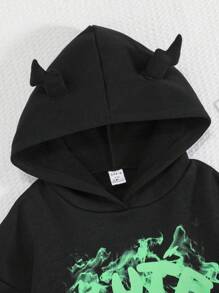 SHEIN 少女字母图案 3D 耳朵设计袋鼠口袋卫衣 - 黑色 - 查看 3