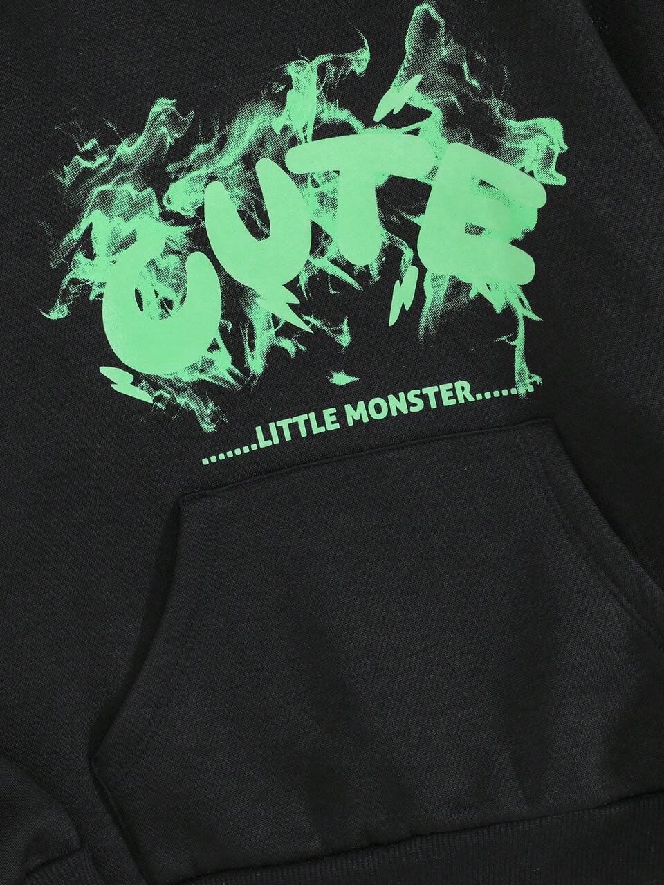 Tween Girl Letter Graphic 3D Ear Design Kangaroo Pocket Sweatshirt