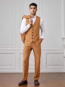 Manfinity VCAY Men Button Front Blazer & Vest & Trousers Without Shirt - Khaki - View 1