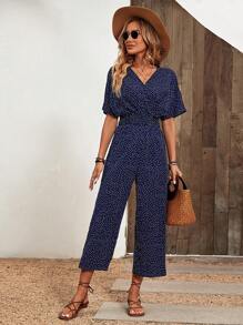 SHEIN LUNE Polka Dot Batwing Sleeve Jumpsuit - Navy Blue - View 3