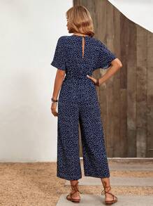 SHEIN LUNE Polka Dot Batwing Sleeve Jumpsuit - Navy Blue - View 2