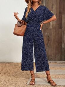 SHEIN LUNE Polka Dot Batwing Sleeve Jumpsuit - Navy Blue - View 4