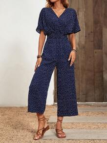 SHEIN LUNE Polka Dot Batwing Sleeve Jumpsuit - Navy Blue - View 1