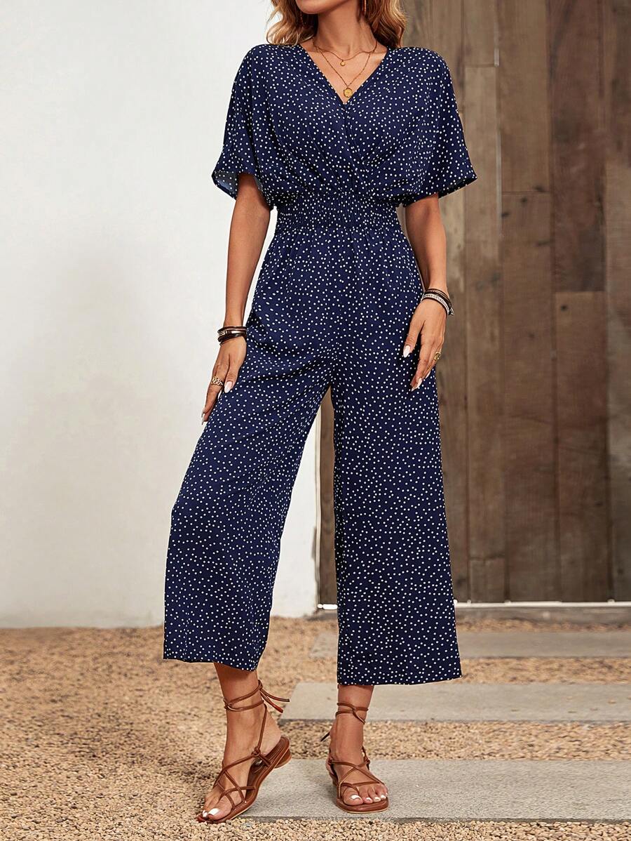 SHEIN LUNE Polka Dot Batwing Sleeve Jumpsuit - Navy Blue - View 1