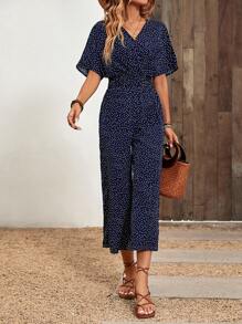 SHEIN LUNE Polka Dot Batwing Sleeve Jumpsuit - Navy Blue - View 5
