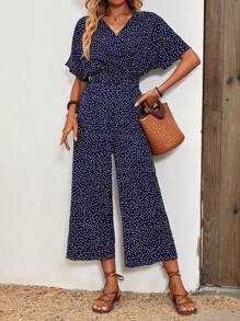 SHEIN LUNE Polka Dot Batwing Sleeve Jumpsuit - Navy Blue - View 6