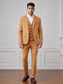 Manfinity VCAY Men Button Front Blazer & Vest & Trousers Without Shirt - Khaki - View 9