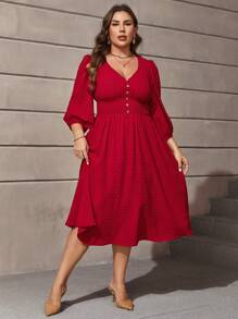 SHEIN Clasi Plus Swiss Dot Lantern Sleeve Dress - Red - View 1