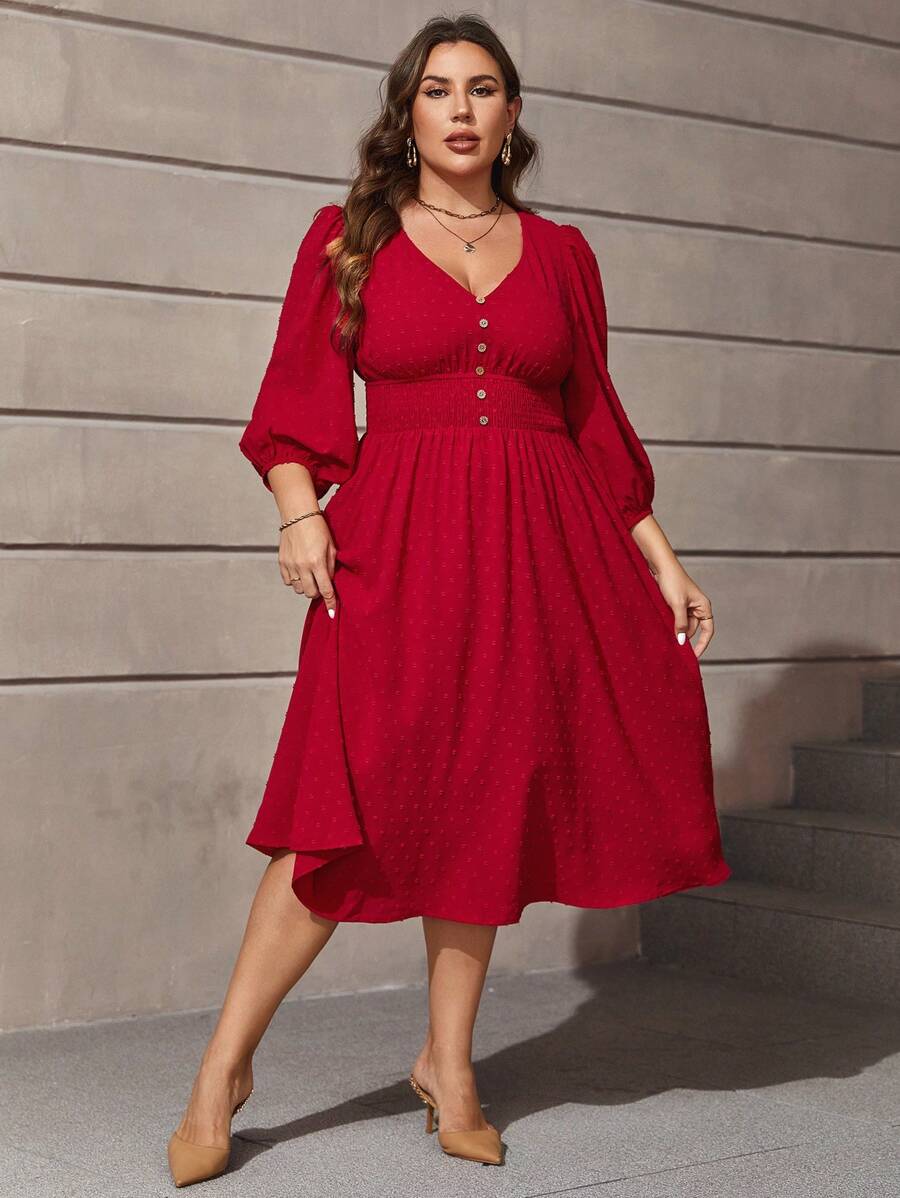 SHEIN Clasi Plus Swiss Dot Lantern Sleeve Dress - Red - View 1