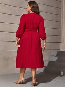 SHEIN Clasi Plus Swiss Dot Lantern Sleeve Dress - Red - View 2