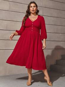 SHEIN Clasi Plus Swiss Dot Lantern Sleeve Dress - Red - View 3