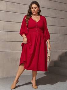 SHEIN Clasi Plus Swiss Dot Lantern Sleeve Dress - Red - View 4