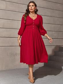 SHEIN Clasi Plus Swiss Dot Lantern Sleeve Dress - Red - View 5