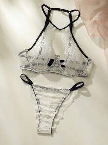 花卉蕾絲鋼圈內衣套裝 - 白色 - 查看 2