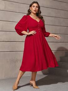SHEIN Clasi Plus Swiss Dot Lantern Sleeve Dress - Red - View 6