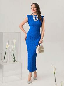 Modelyn Solid Shoulder Pad Bodycon Dress - Royal Blue - View 1