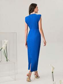 Modelyn Solid Shoulder Pad Bodycon Dress - Royal Blue - View 2