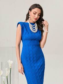 Modelyn Solid Shoulder Pad Bodycon Dress - Royal Blue - View 3