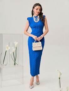 Modelyn Solid Shoulder Pad Bodycon Dress - Royal Blue - View 5