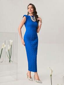 Modelyn Solid Shoulder Pad Bodycon Dress - Royal Blue - View 6