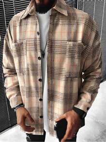 Manfinity Homme Lỏng lẻo Nam In kẻ sọc Thả vai Áo sơ mi Không có Áo thun Bên trong - Màu Khaki - Xem 1