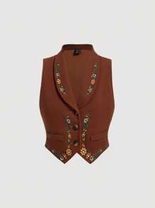 SHEIN MOD Floral Print Shawl Collar Vest Jacket - Rust Brown - View 1