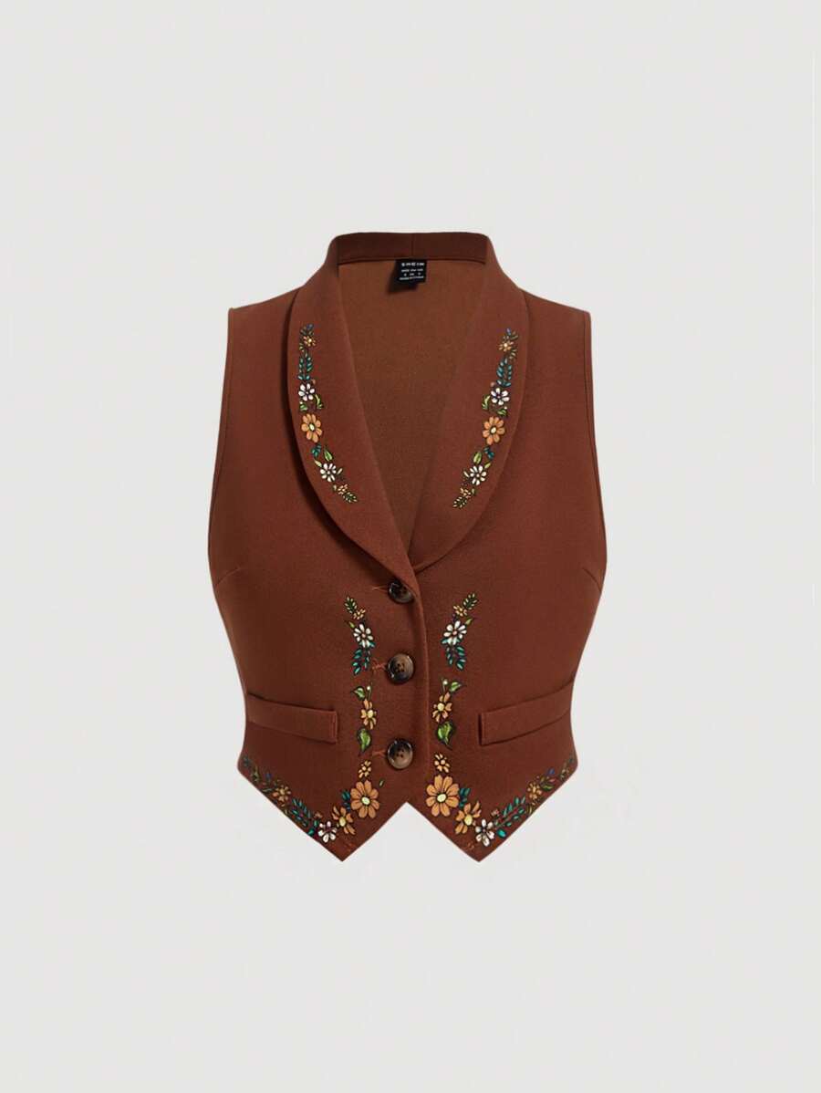 SHEIN MOD Floral Print Shawl Collar Vest Jacket - Rust Brown - View 1