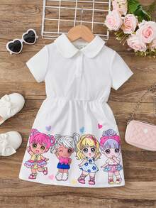 SHEIN Cô gái trẻ Hoạt hình đáng yêu Váy ngắn tay dài đến đầu gối có cổ áo dành cho nữ - trắng - Xem 3