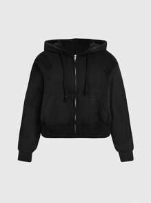 SHEIN BASICS 加大码毛圈绒拉链抽绳卫衣 - 黑色 - 查看 5