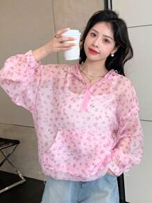 DAZY Hoa Lộn xộn Thả vai Dây rút áo có mũ Áo khoác - Hồng - Xem 2